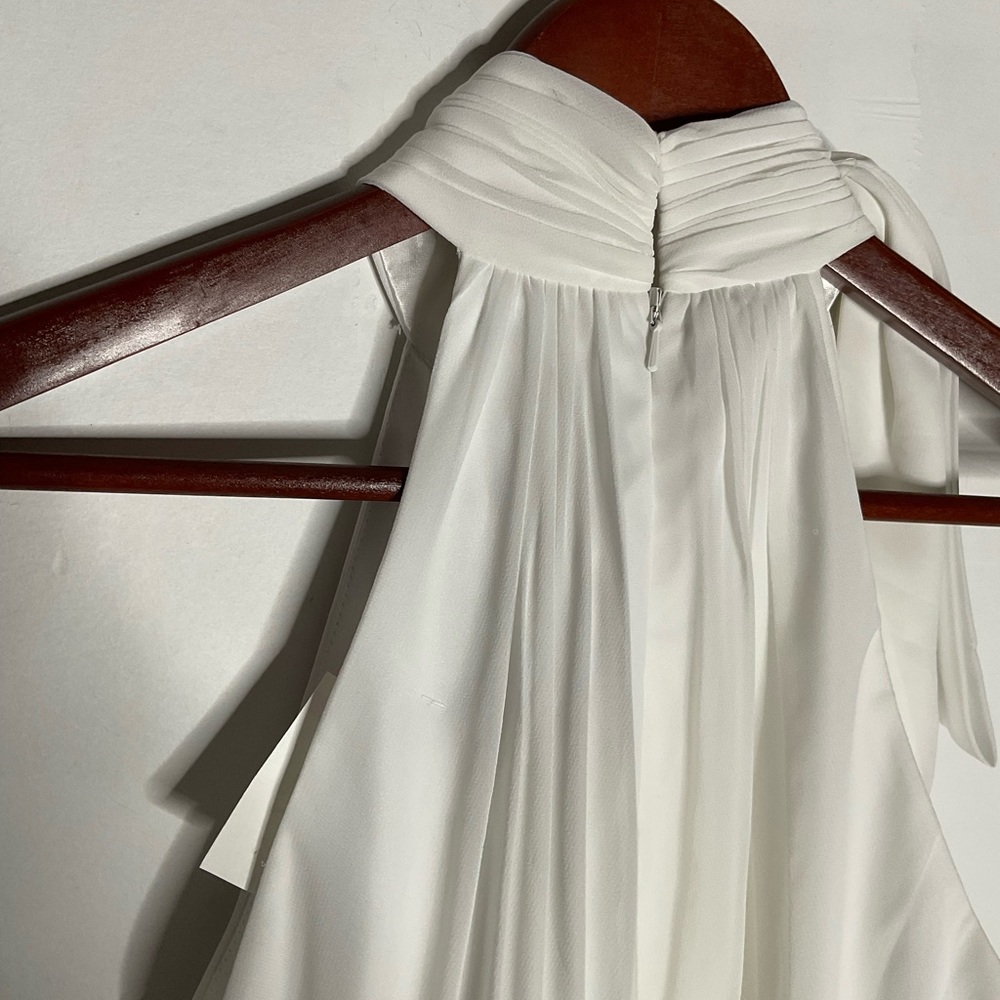 NWT Ieena for MacDuggal White High Neck Halter Gathered Bow Chiffon Maxi Gown - Picture 10 of 12